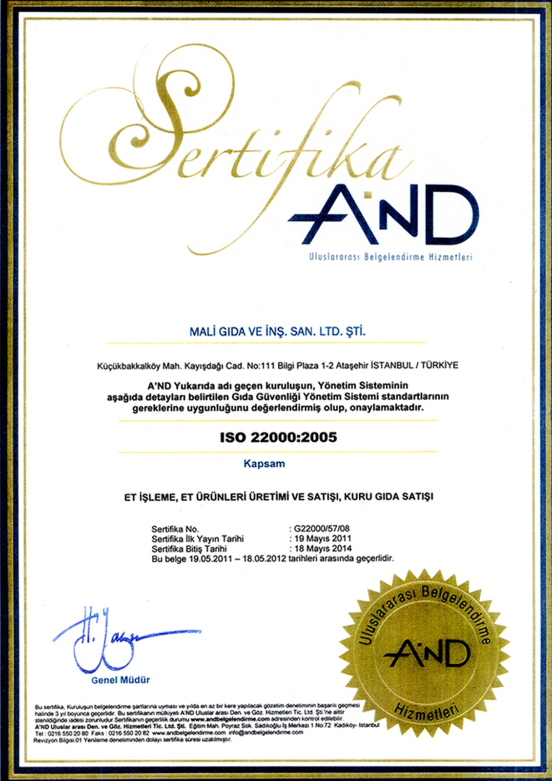 Ali Efendi Döner ISO 22000:2005