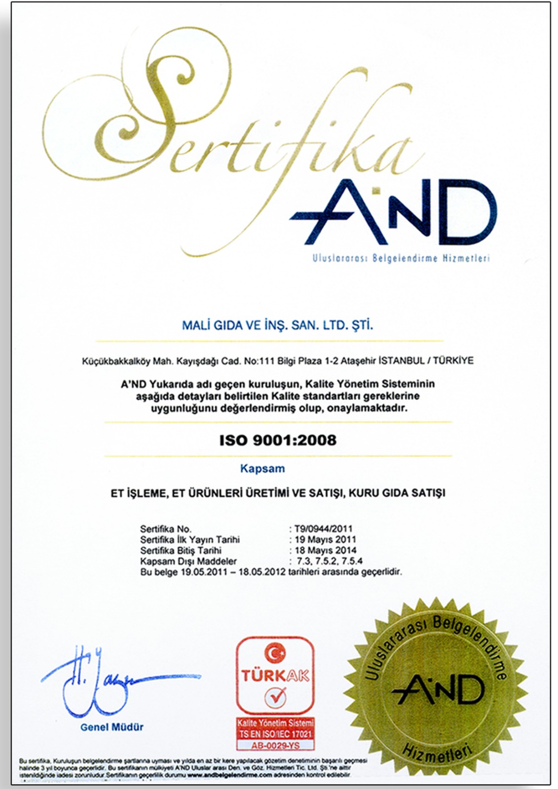 Ali Efendi Döner ISO 9001:2008